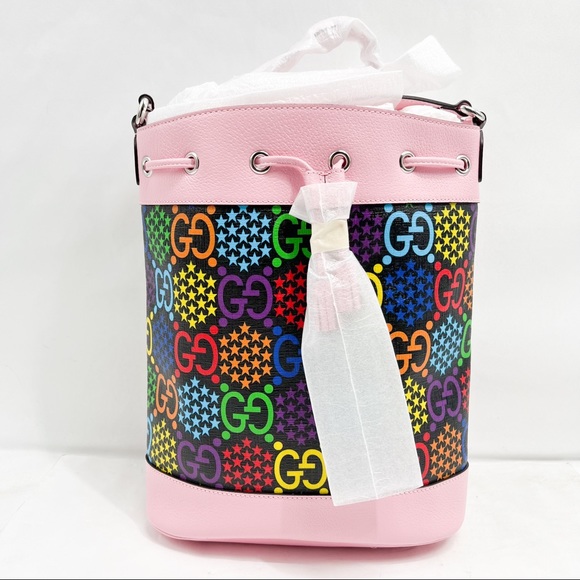 Gucci Psychedelic Multicolor Print Bucket Bag Pink with Drawstring - Picture 2 of 16